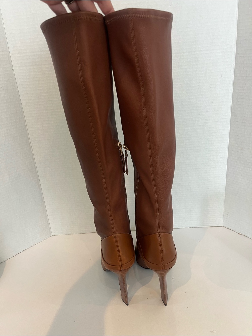 Reiss Cressida Caramel Brown Leather Knee High Heeled Boots Size 38/ 8 - Picture 8 of 14